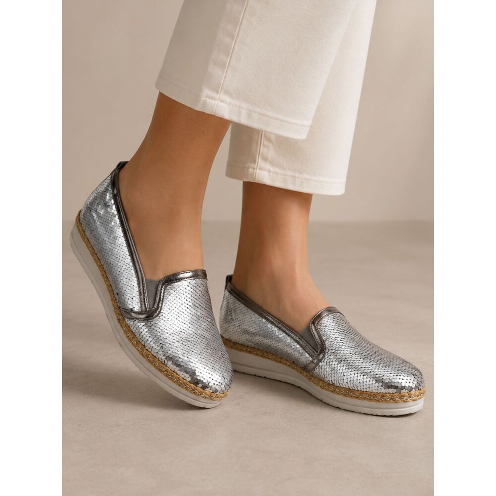 Moca Silver Sequin Slip On Shoes Womens 7.5 Platform Espadrille Loafers Metallic